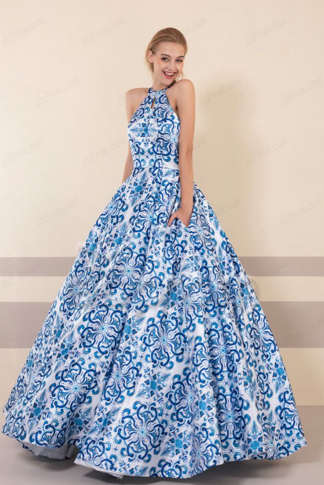 Blue Floral Print Halter Prom Dresses with Pocket