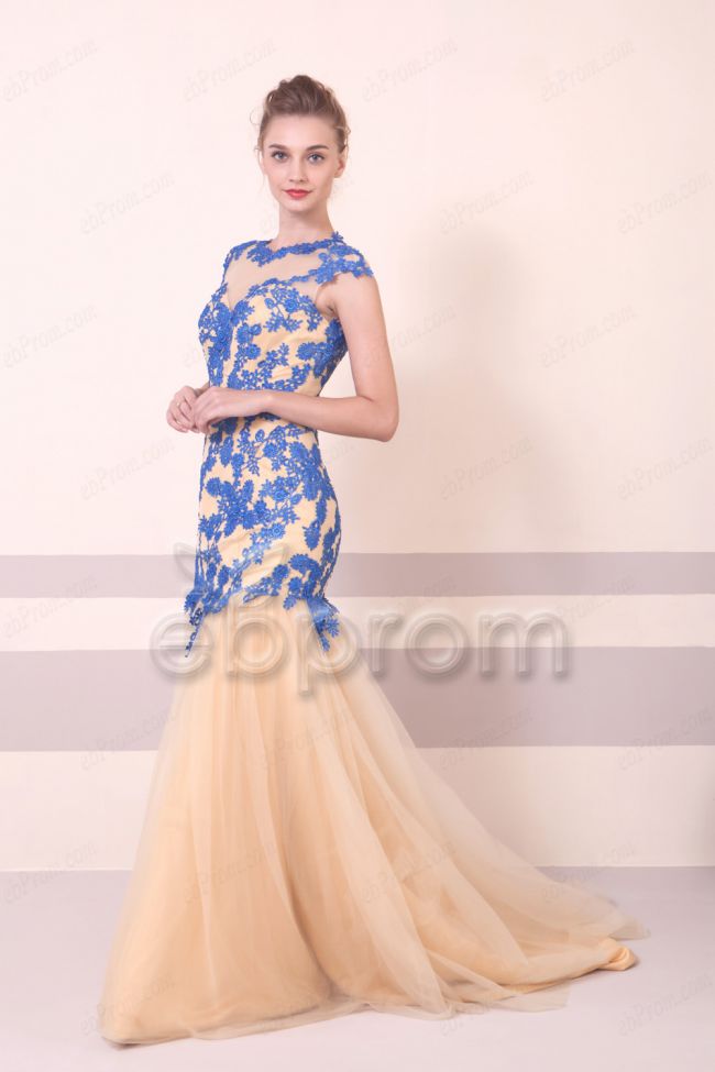 Blue Golden Mermaid Modest Prom Dresses Long