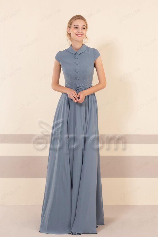 Dusty Blue Modest Bridesmaid Dresses Jewel Neckline