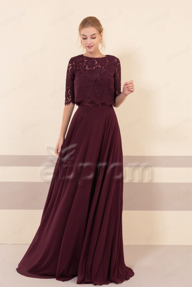 Modest Burgundy Bridesmaid Dresses with Elbow Sleeves Jacket