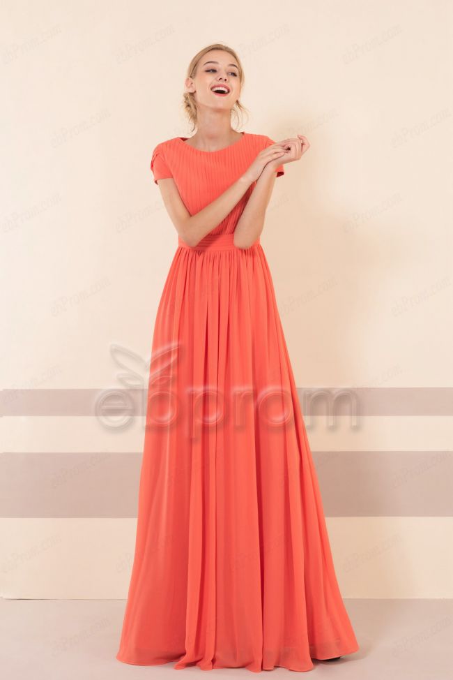 Modest Coral Bridesmaid Dresses Short Sleeves