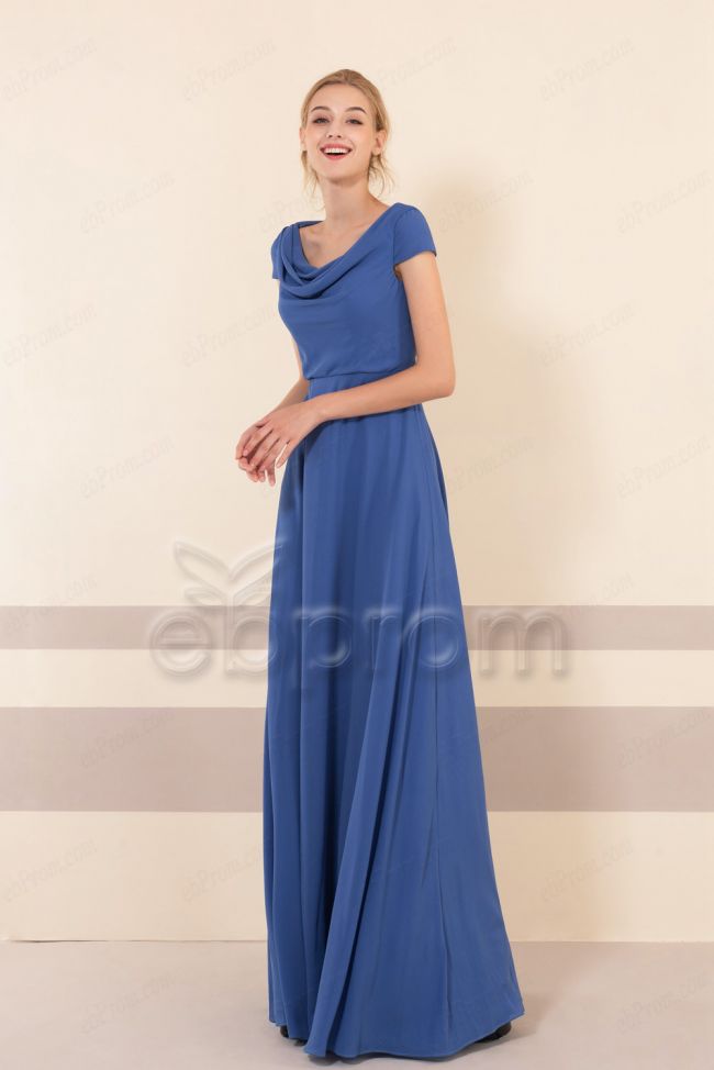 Modest Royal Blue Cowl Neck Bridesmaid Dresses Cap Sleeves