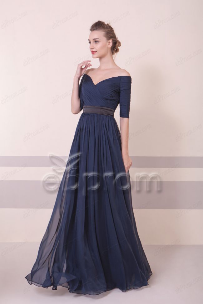 navy off shoulder bridesmaid dress