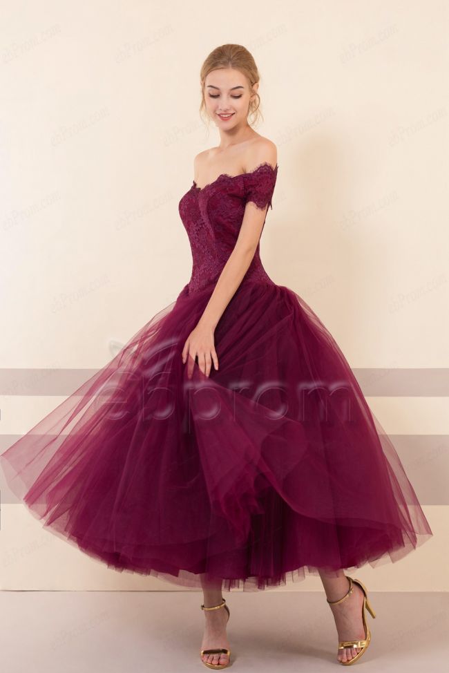 Vintage Burgundy Ball Gown Prom Dresses Midi Cocktail Dresses