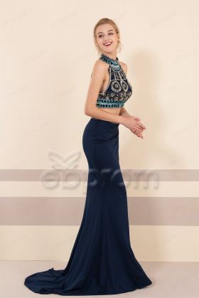 Beaded Navy Two Piece Halter Mermaid Prom Dresses Long