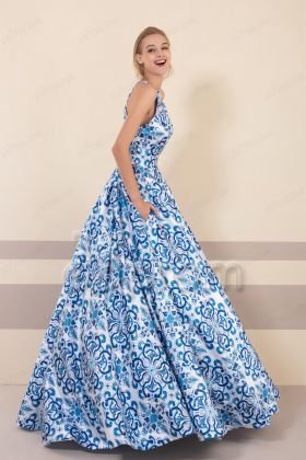 Blue Floral Print Halter Prom Dresses with Pocket