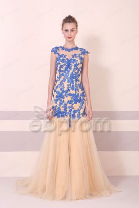 Blue Golden Mermaid Modest Prom Dresses Long