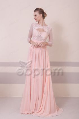Blush Lace Illusion Prom Dresses Long Sleeves