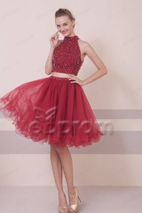 Burgundy Short Beaded Sparkly Prom Dresses Short