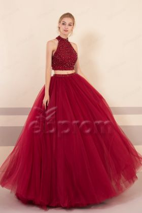 Burgundy Sparkly Two Piece Ball Gown Prom Dresses Long