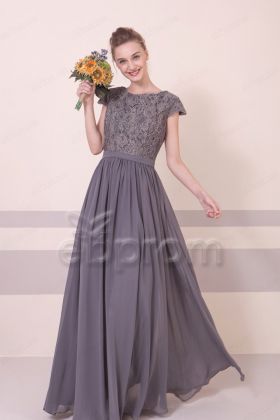 Charcoal Modest Bridesmaid Dresses Long with Cap Sleeves