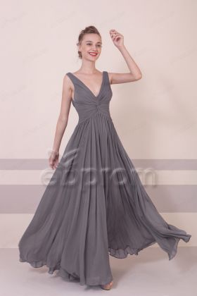 Charcoal V Neck Bridesmaid Dress Long
