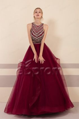 Dark Burgundy Crystals Two Piece Prom Dresses Ball Gown