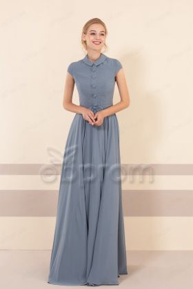 Dusty Blue Modest Bridesmaid Dresses Jewel Neckline