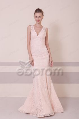Lace Mermaid Blush Prom Dresses Long