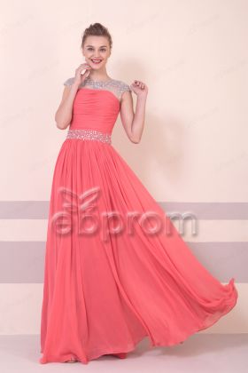 Beaded Sparkle Coral Modest Prom Dresses Long