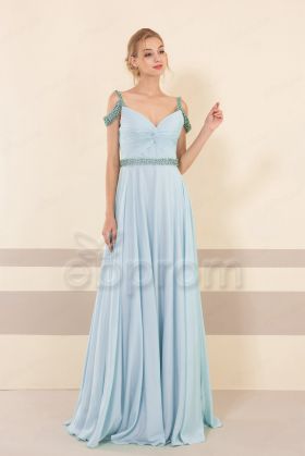 Ice Blue Beaded Off the Shoulder Prom Dresses Long