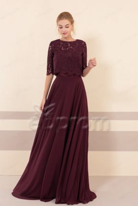 Modest Burgundy Bridesmaid Dresses with Elbow Sleeves Jacket
