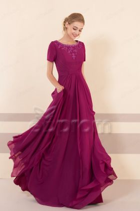 Beaded Modest Magenta Bridesmaid Dress with Sleeves