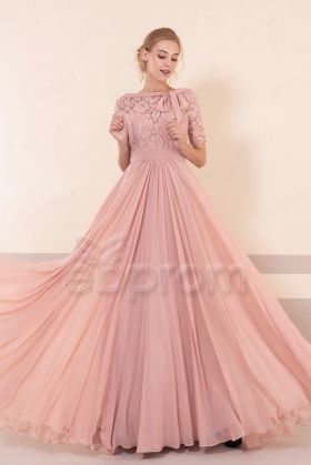 Lace Modest Dusty Rose Bridesmaid Dresses with Elbow Sleeves