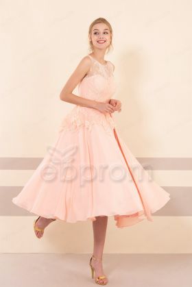Light Pink Lace Modest Midi Bridesmaid Dresses