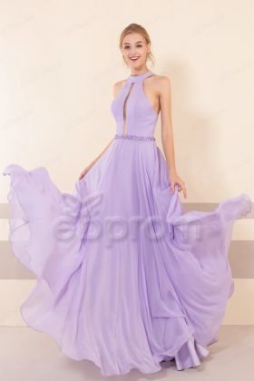 Lilac Halter Backless Prom Dresses