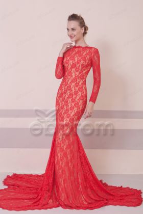 Mermaid Red Lace Prom Dresses Long Sleeves Backless