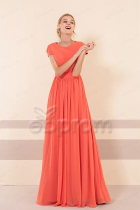 Modest Coral Bridesmaid Dresses Short Sleeves