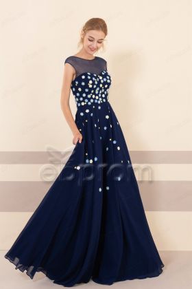 Modest Navy Blue Floral Bridesmaid Dresses Long