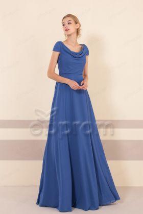 Modest Royal Blue Cowl Neck Bridesmaid Dresses Cap Sleeves