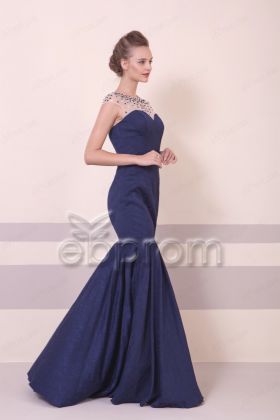 Navy Blue Beaded Mermaid Formal Dresses Long