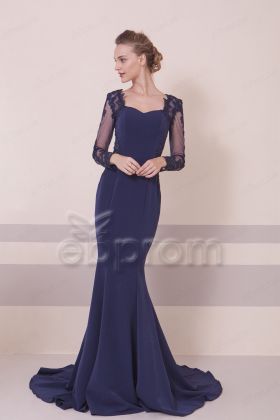 Navy Blue Modest Mermaid Prom Dress Long Sleeves
