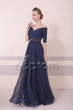 Off the Shoulder Elegant Navy Blue Bridesmaid Dresses with Sleeves