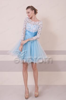 Sky Blue Lace Short Prom Dress with Long Sleeves