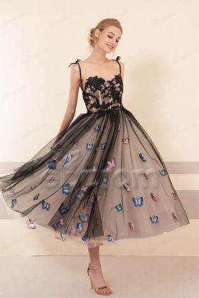 Black Champagne Embroidered Floral Midi Prom Dresses Ball Gown