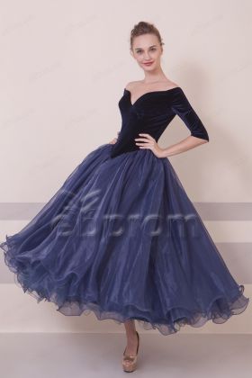 VIntage Navy Blue Midi Prom Dresses Ball Gown